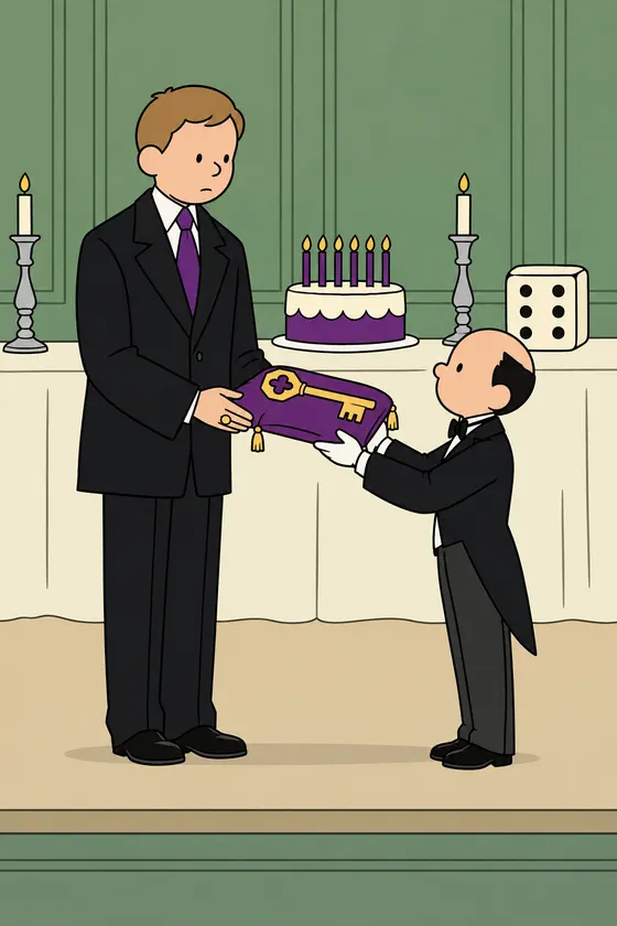 A grave young man in a dinner jacket and violet tie is handed an oversized gilt key on a violet cushion by a small butler in white gloves, beside a birthday cake and a large die showing six, drawn in one black line and flat colour.