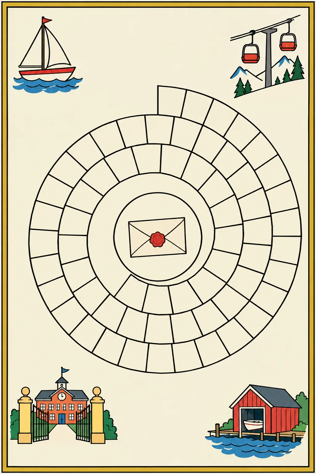 A Family Board of Primogeniture with twelve squares set in type: Nantucket, Le Rosey, Sigma Alpha Epsilon in Greek letters, Gstaad, The Boathouse and seven more.