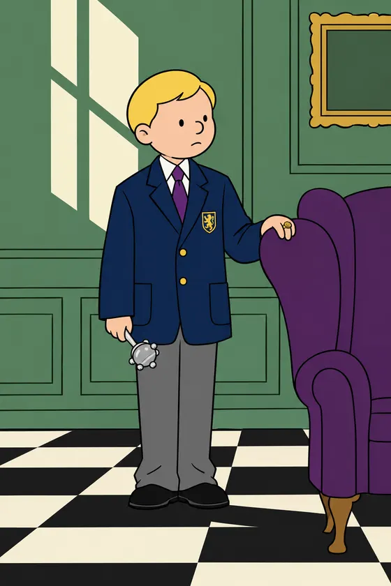 A grave fair-haired boy of seven in a navy blazer far too big for him stands on a black and white chequered floor, one hand on a violet wing chair, a silver rattle in the other, drawn in one black line and flat colour.