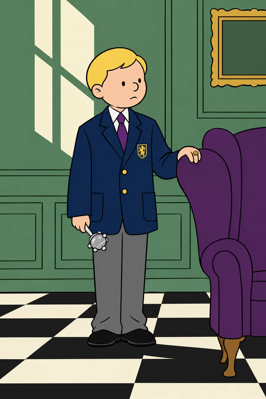 Fordham Fairweather IV at seven, grave and fair-haired, in a navy blazer with a gilt crest on the pocket.
