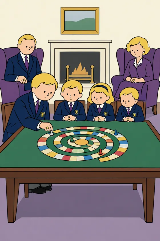 A family in navy blazers plays a spiral board game on a green baize table by a fireplace while the eldest boy moves his token first and the younger three wait with folded hands, drawn in one black line and flat colour.