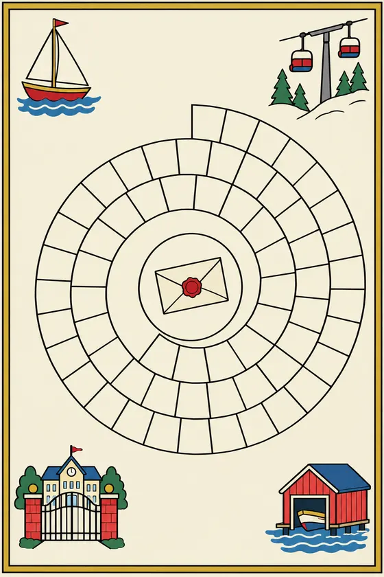 A board game seen from above in one black line on cream: a spiral of blank squares winds inward to a sealed envelope with a red wax seal, with a sailing boat, a ski lift, a school gate and a boathouse in the corners and a gilt border.