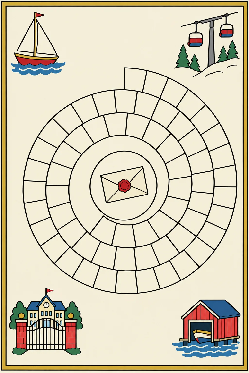 The board of Primogeniture in one black line on cream: a spiral of blank squares winding in to a sealed envelope.