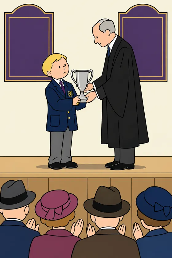 On a school stage under two blank violet honours boards a small boy in a large navy blazer takes a silver cup from a headmaster in a black gown while parents in hats applaud below, drawn in one black line and flat colour.