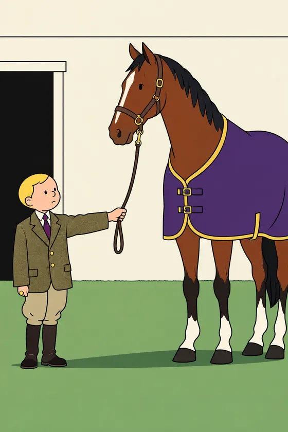 A small fair-haired boy in a tweed jacket and jodhpurs holds a bay racehorse in a violet rug at full arm’s length on a green lawn by a cream stable wall, drawn in one black line and flat colour.