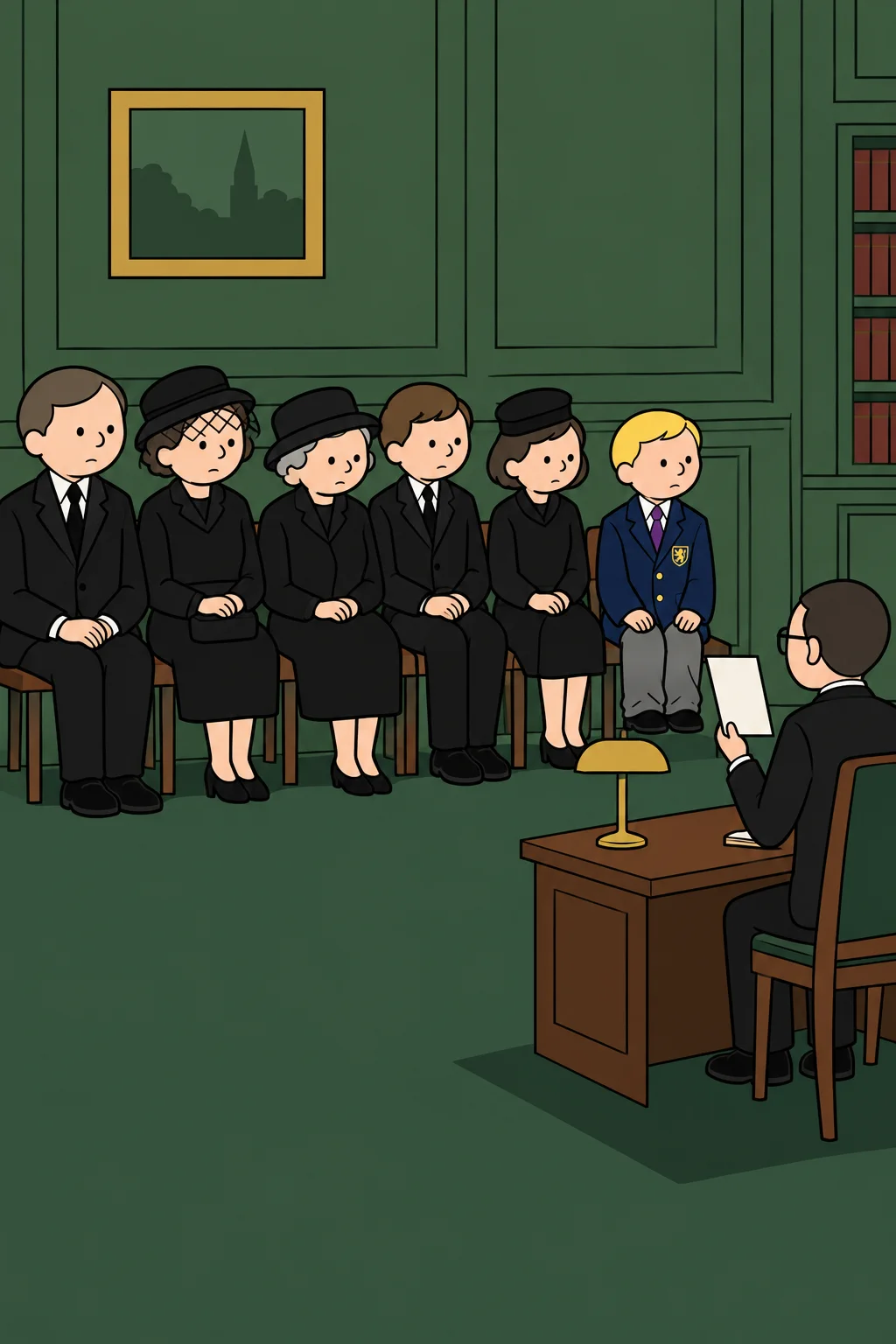 A family in black mourning sits in a row in a green-panelled study while a lawyer at a desk holds up one sheet of paper; at the end of the row a small boy in a navy blazer sits upright, drawn in one black line and flat colour.