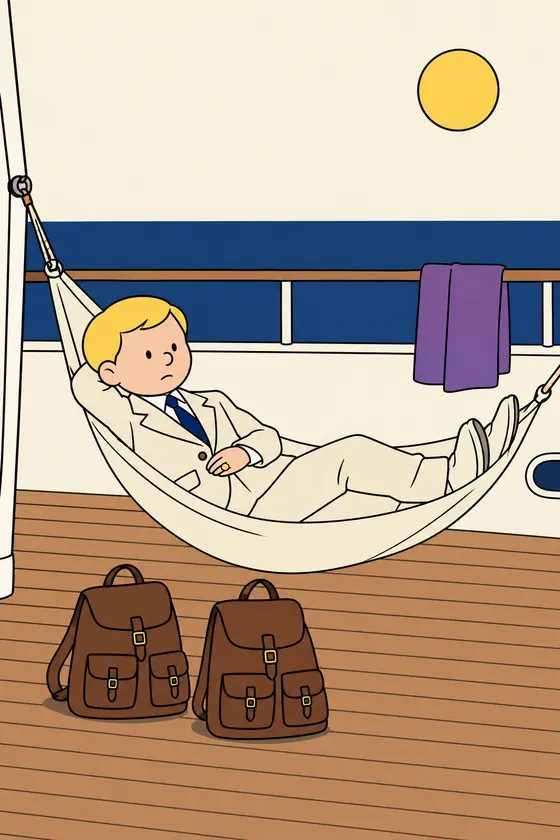 A young man in a cream linen suit lies in a hammock on the deck of a yacht above a navy sea, two identical leather rucksacks below him and a violet towel on the rail, drawn in one black line and flat colour.