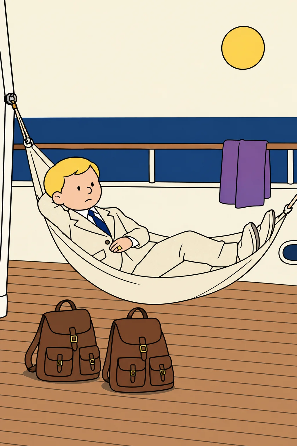 A young man in a cream linen suit lies in a hammock on the deck of a yacht above a navy sea, two identical leather rucksacks below him and a violet towel on the rail, drawn in one black line and flat colour.