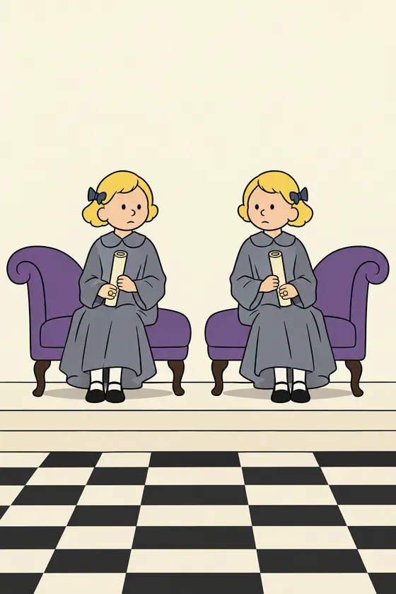 Identical twin girls with fair bobbed hair, in grey dresses a size too big, sit on matching violet chaises above a chequered floor, each holding a rolled parchment, drawn in one black line and flat colour.