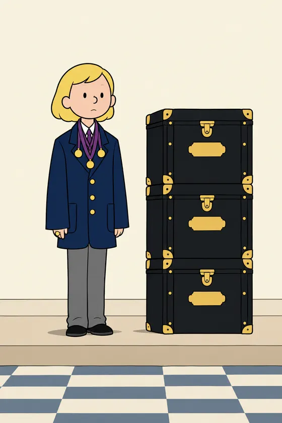 A fair-haired girl in a navy coat too long for her stands very upright beside three black steamer trunks with blank gilt plates, gold rings on violet ribbons round her neck, drawn in one black line and flat colour.