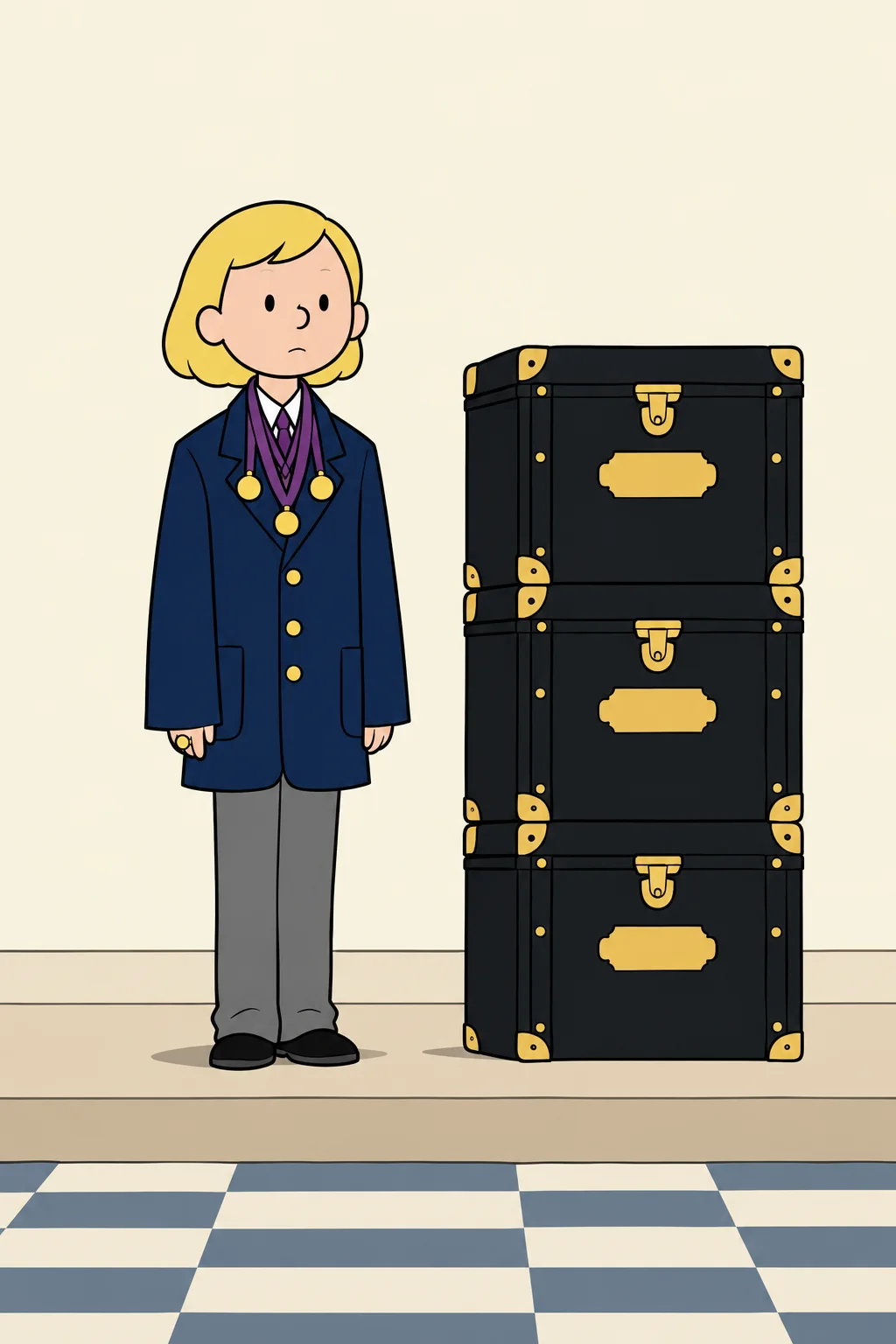 A fair-haired girl in a navy coat too long for her stands very upright beside three black steamer trunks with blank gilt plates, gold rings on violet ribbons round her neck, drawn in one black line and flat colour.